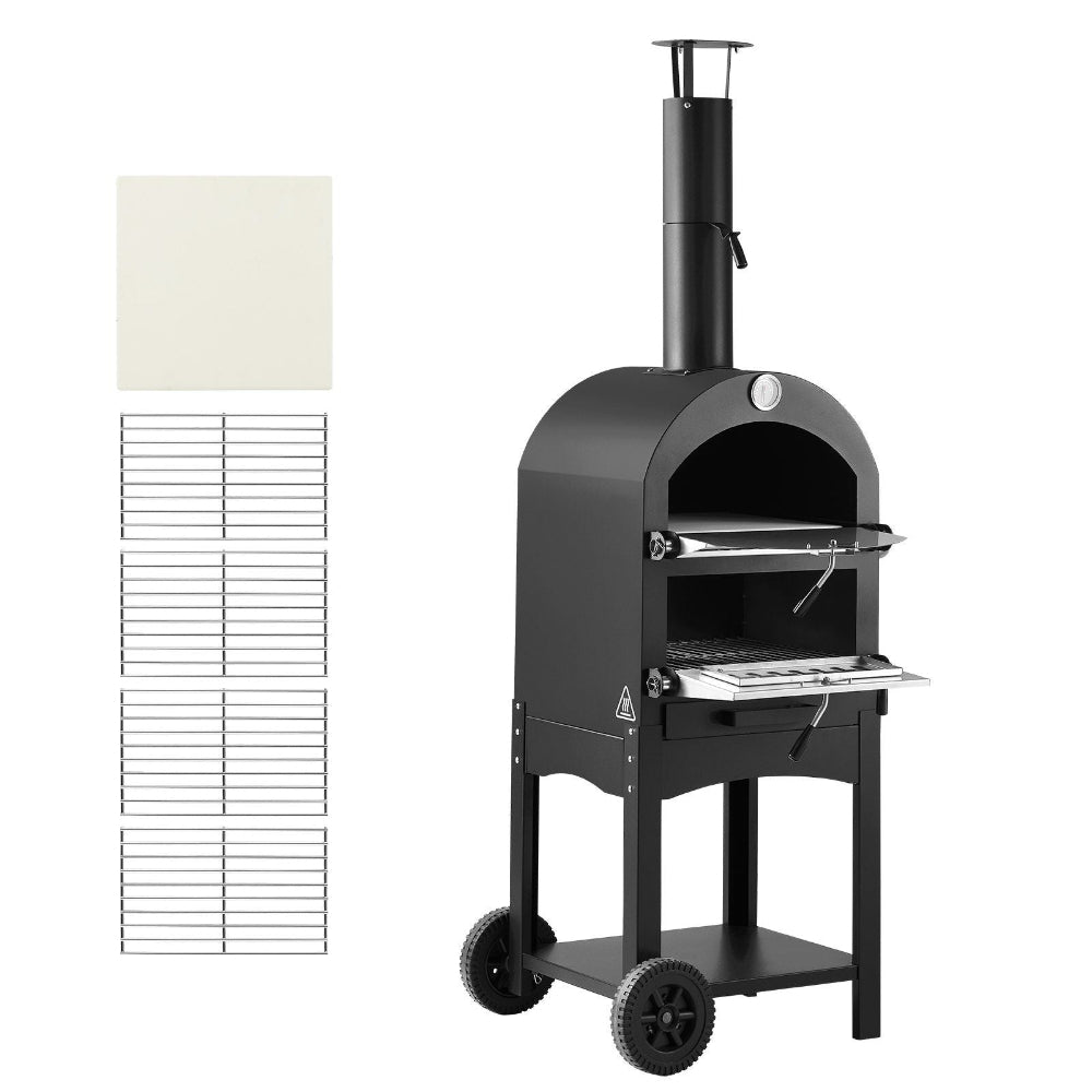 Black outdoor pizza oven with wheels on a white background