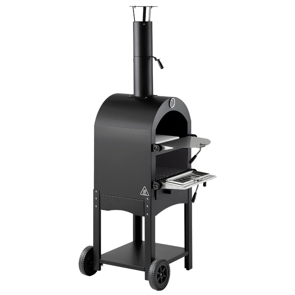 Black outdoor pizza oven on wheels with a white background