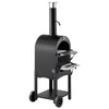 Black outdoor pizza oven on wheels with a white background