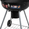 Close-up view of a portable charcoal BBQ smoker with an enameled firebowl and lid, in a tripod design. It has wheels and a storage shelf underneath, set on a white background.