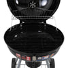 Close-up view of a portable charcoal BBQ smoker with an enameled firebowl and lid, in a tripod design. It has wheels and a storage shelf underneath, set on a white background.