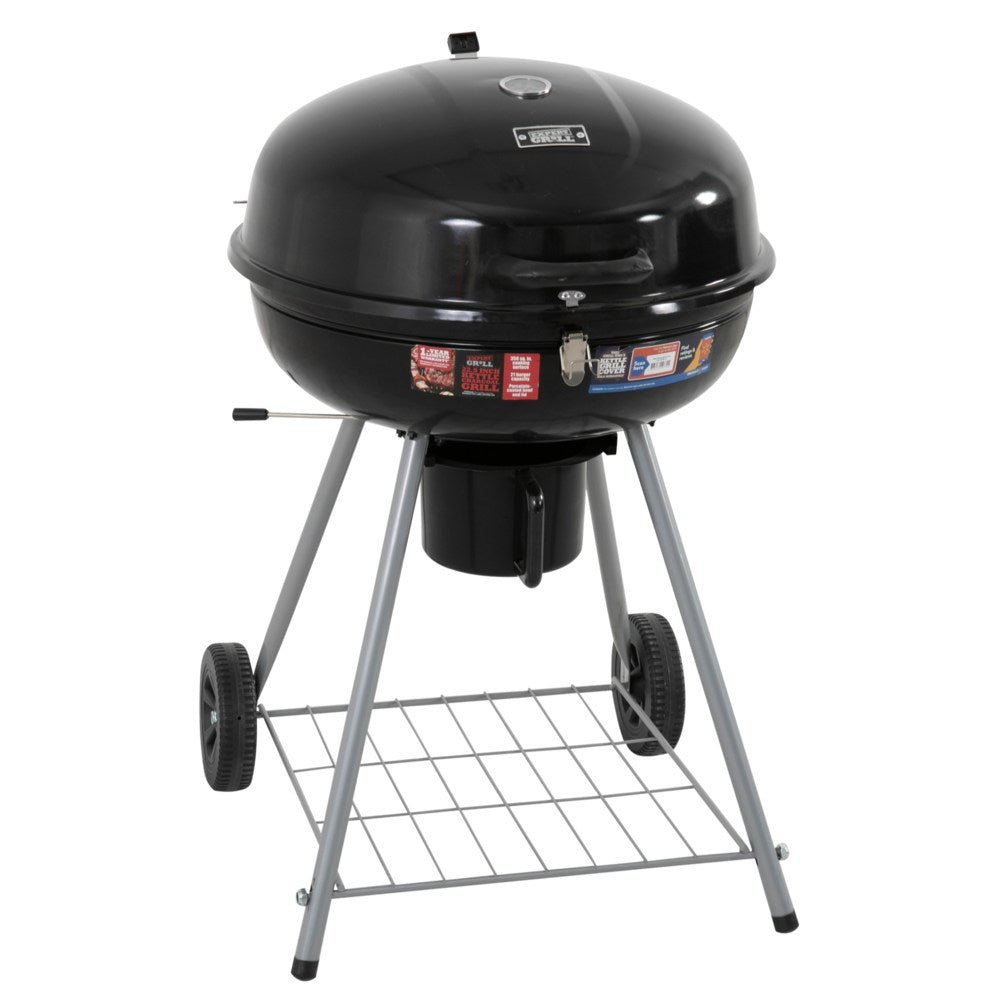 A portable charcoal BBQ smoker with a black enameled firebowl, lid, chrome plated vent discs, and a tripod design. It has two wheels and a storage shelf at the bottom.