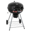 A portable charcoal BBQ smoker with a black enameled firebowl, lid, chrome plated vent discs, and a tripod design. It has two wheels and a storage shelf at the bottom.