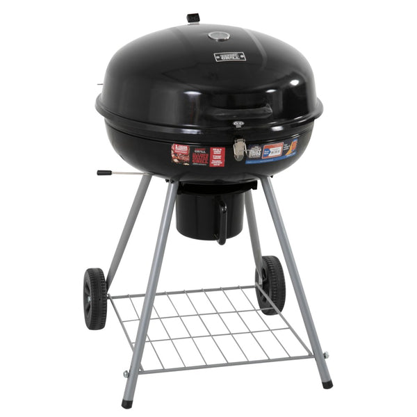 A portable charcoal BBQ smoker with a black enameled firebowl, lid, chrome plated vent discs, and a tripod design. It has two wheels and a storage shelf at the bottom.