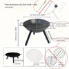 Black outdoor fire pit with dimensions and features on a white background