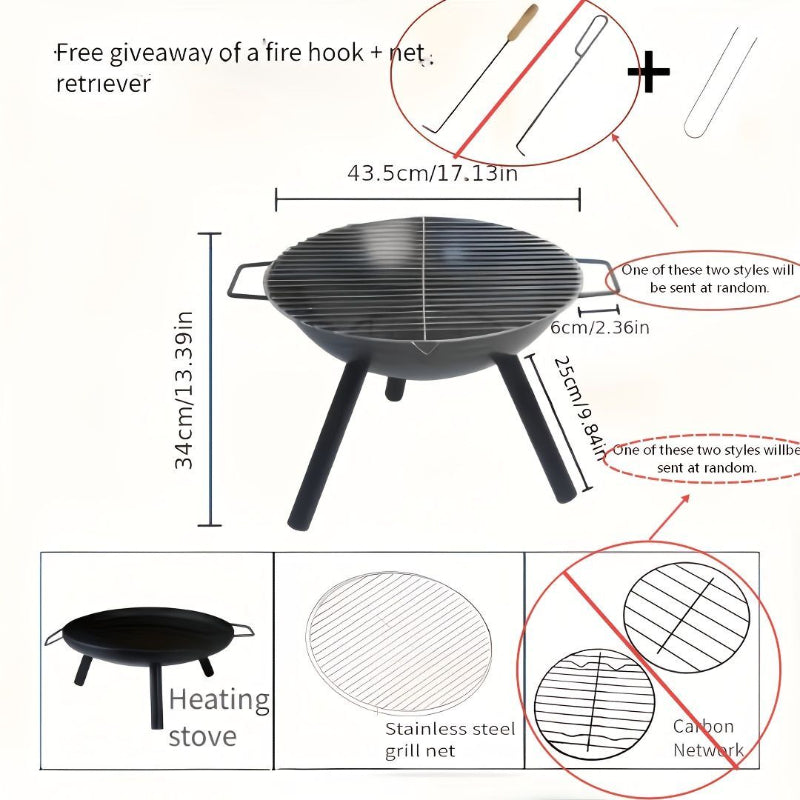 Black outdoor fire pit with dimensions and features on a white background