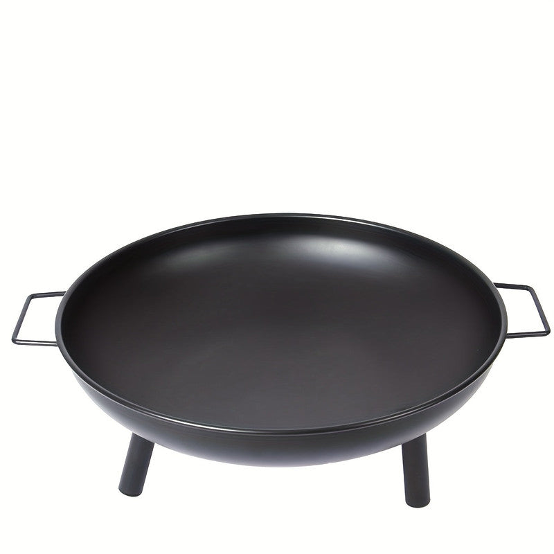 Black metal fire bowl with handles on a white background