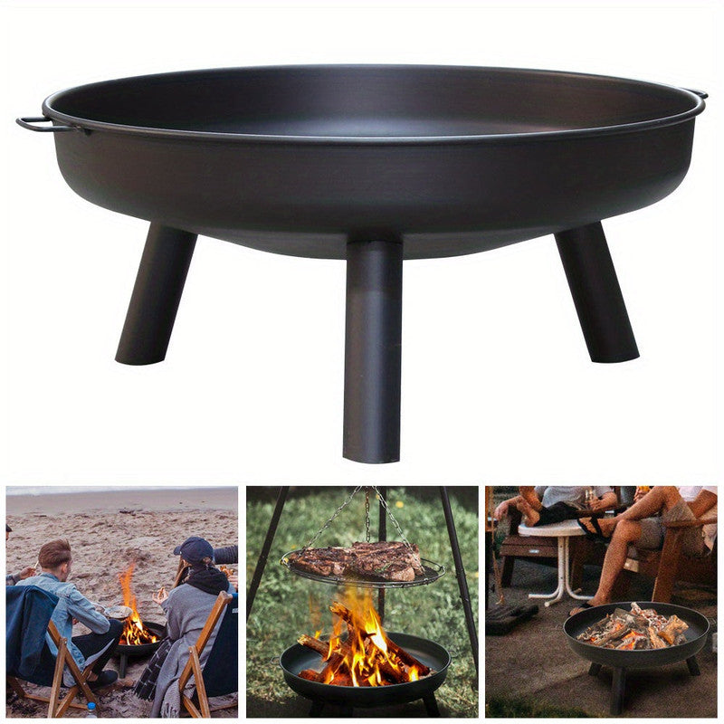 Black fire pit with legs on a white background, used for outdoor cooking and gatherings.