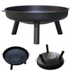 Black metal fire pit with legs on a white background