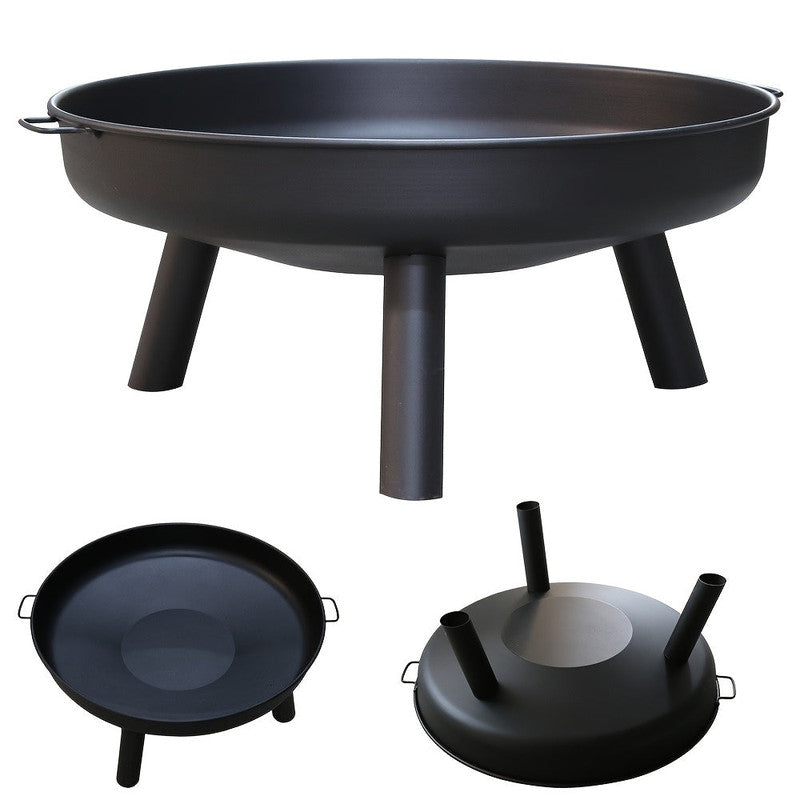Black metal fire pit with legs on a white background