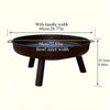 Black fire pit with dimensions labeled on a white background