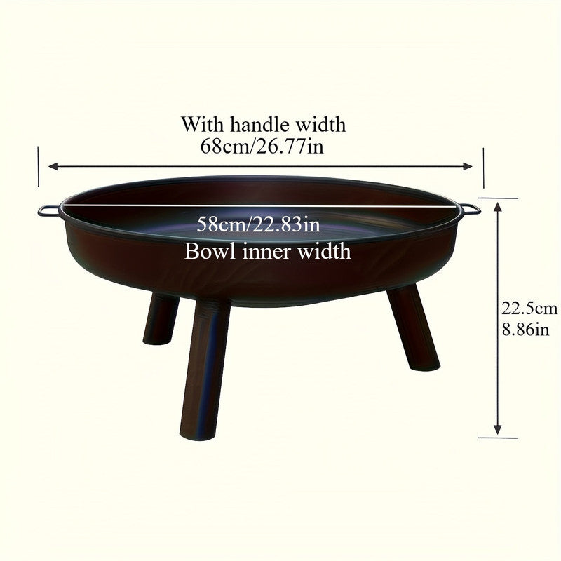Black fire pit with dimensions labeled on a white background