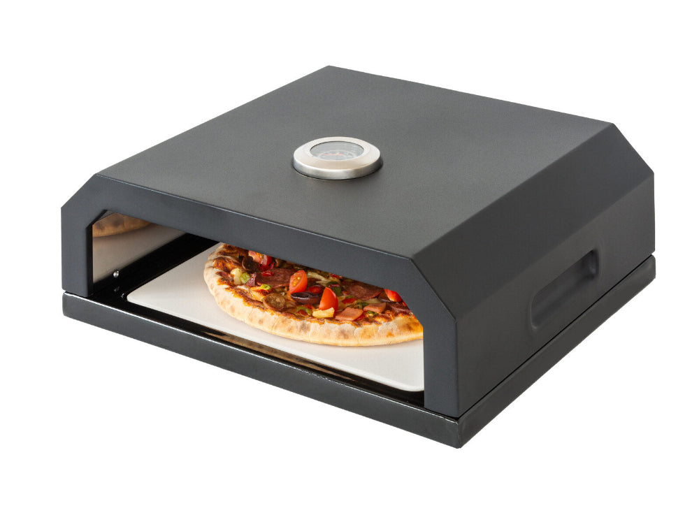 Black outdoor pizza oven with a pizza inside on a white background