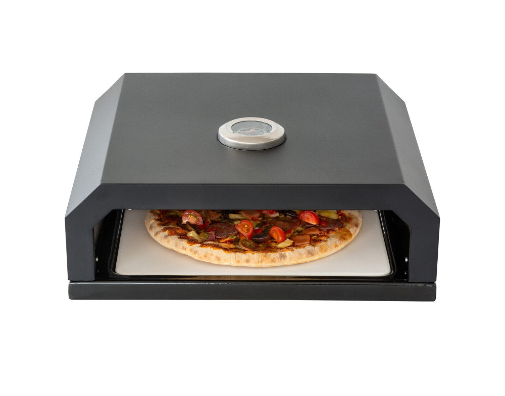 Portable pizza oven with a pizza inside on a white background