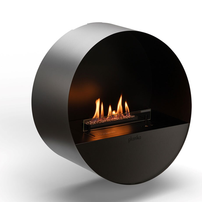 Modern wall-mounted fireplace with visible flames on a white background