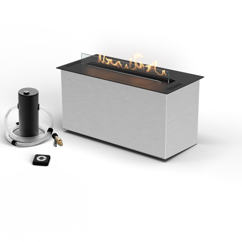 Modern outdoor fire pit with accessories on a white background