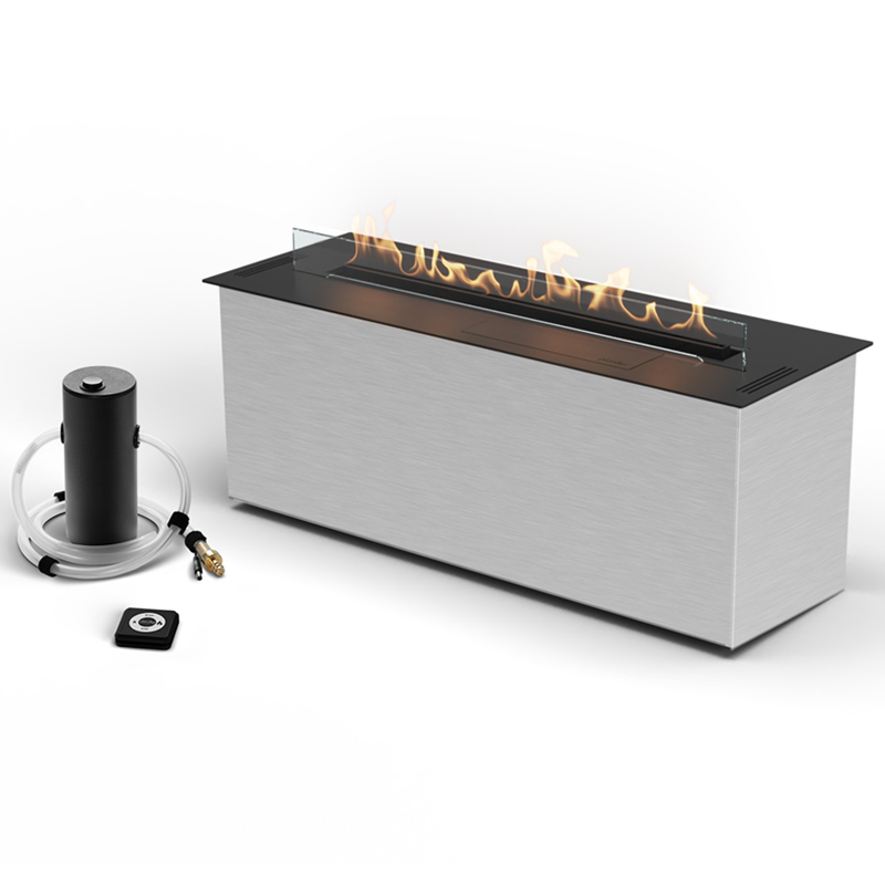 Modern outdoor fire pit with flames on a white background