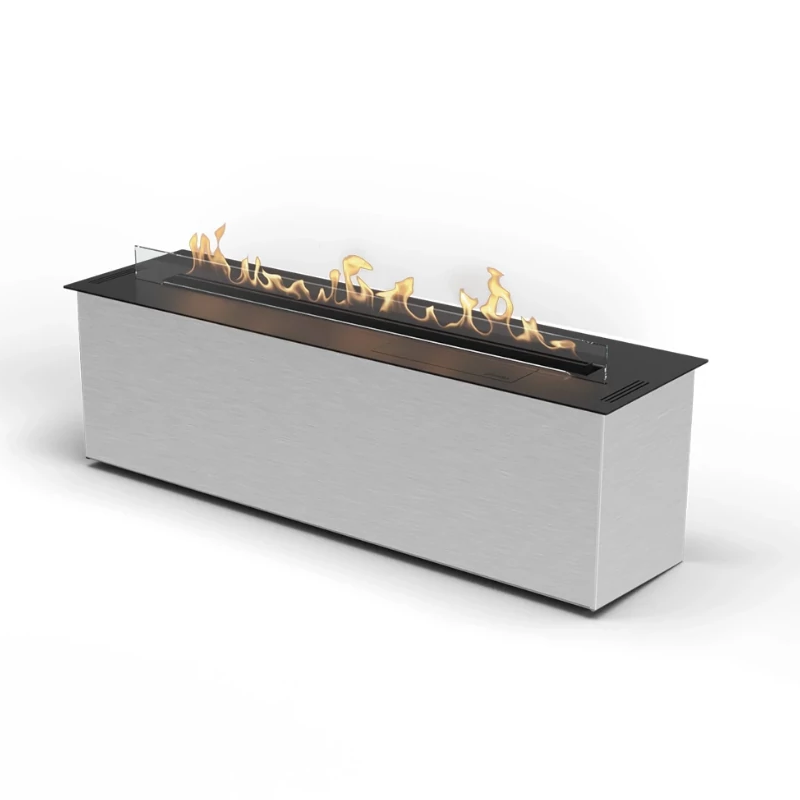 Modern fire pit table with decorative flames on a white background