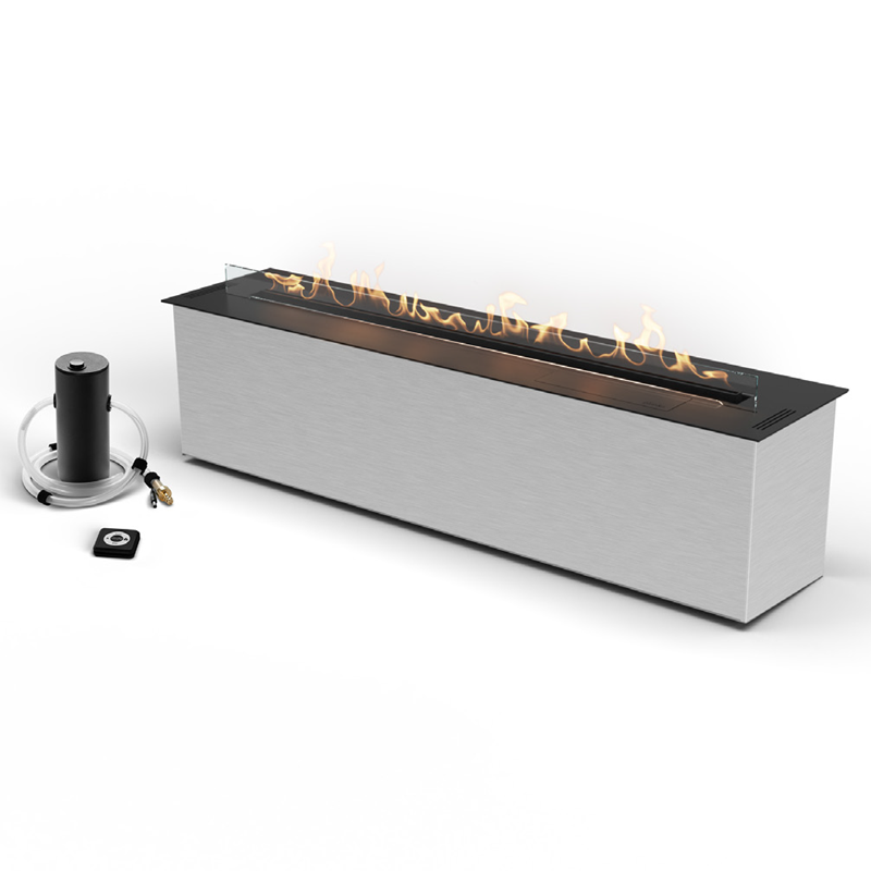 Modern rectangular fire pit with flames on a white background