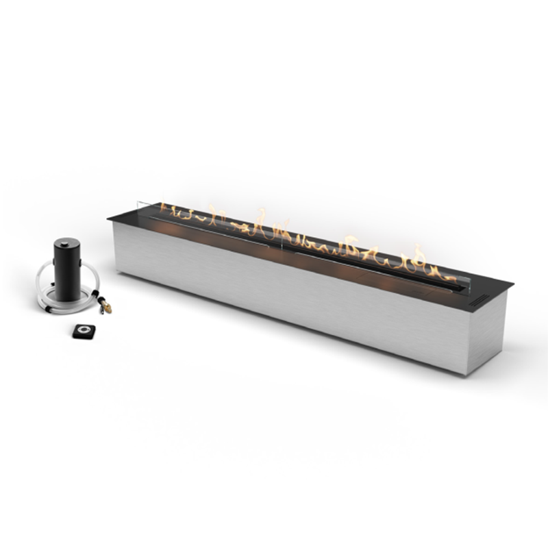 Modern linear fireplace with glass front on a white background