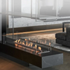 Modern fireplace with glass front in a living room setting