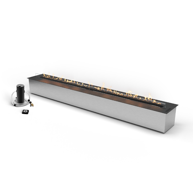Long rectangular fire pit with visible flames on a white background