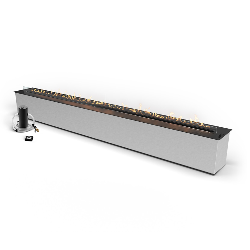 Long rectangular fire pit with visible flames on a white background