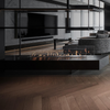 Modern living room with a large fireplace and reflective wall.