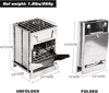 Stainless steel grill with unfolded and folded views, showing dimensions.