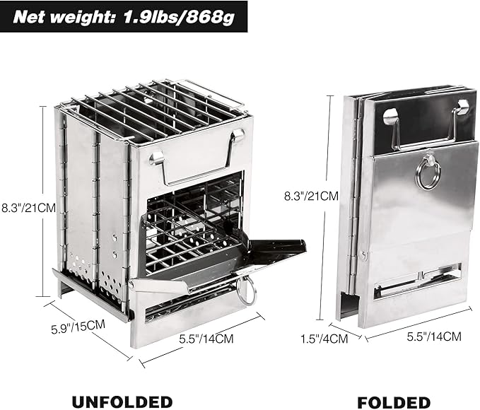 Stainless steel grill with unfolded and folded views, showing dimensions.