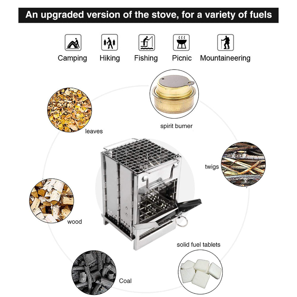 Portable stove with various fuel options for camping, hiking, fishing, picnics, and mountaineering.
