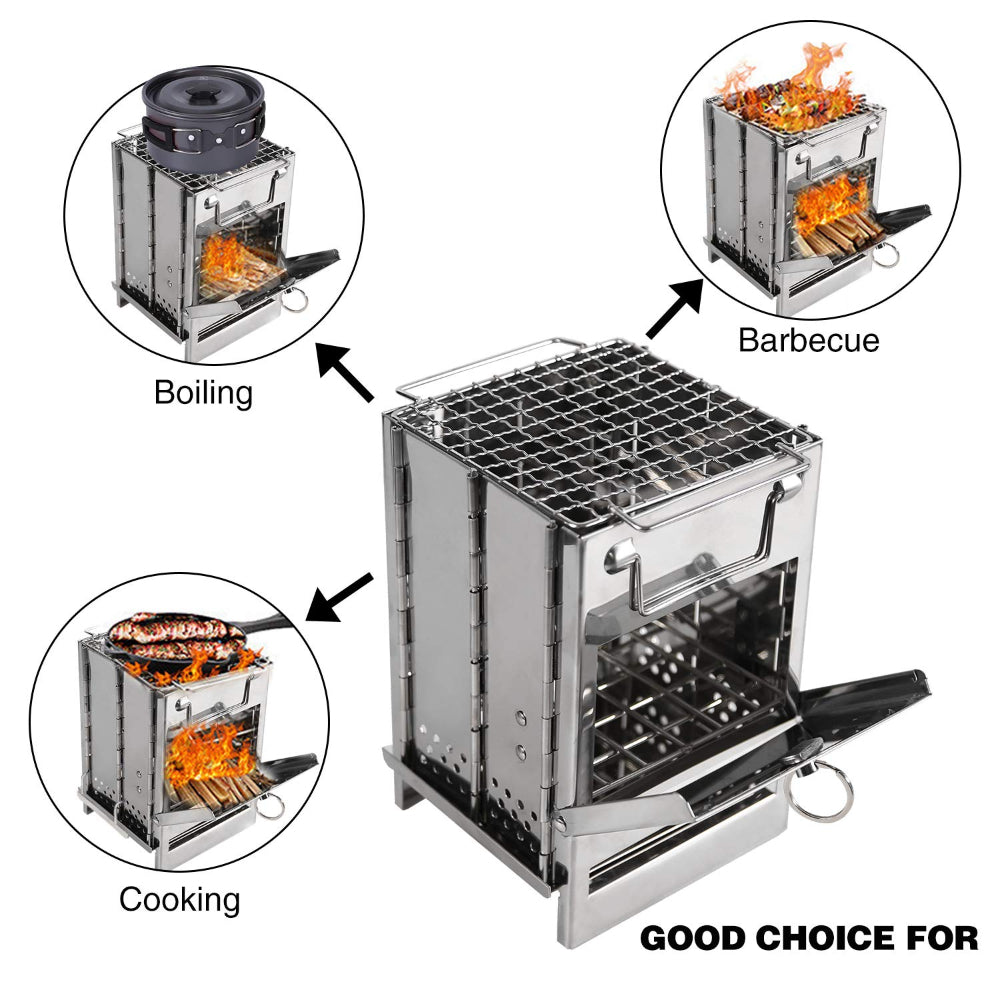 Multifunctional stove with illustrations of boiling, barbecuing, and cooking on a white background.