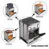 Multifunctional stove with illustrations of boiling, barbecuing, and cooking on a white background.