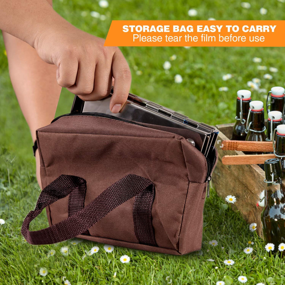Brown storage bag being held by a hand with text about tear film removal, set against a grassy background with bottles.