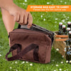 Brown storage bag being held by a hand with text about tear film removal, set against a grassy background with bottles.