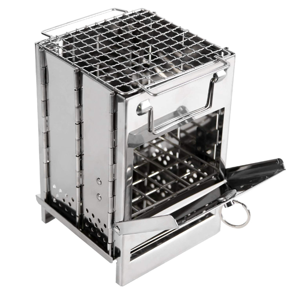 Portable metal grill with open lid on a white background