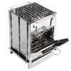 Portable metal grill with open lid on a white background