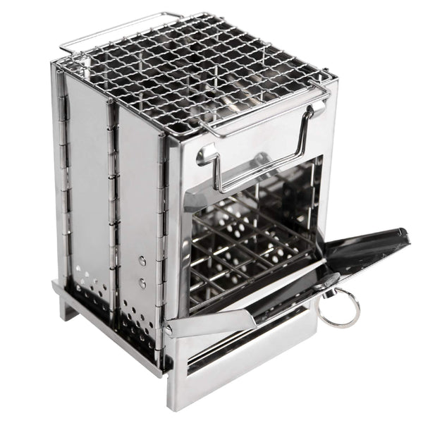 Portable metal grill with open lid on a white background