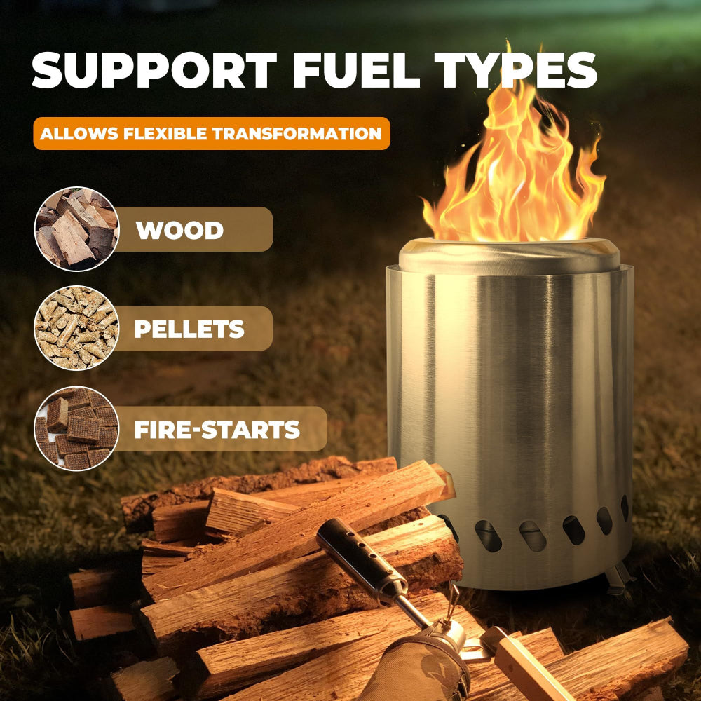 Stainless-Steel fire pit with flames, wood, pellets, and fire-starts on a grassy background.