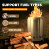 Stainless-Steel fire pit with flames, wood, pellets, and fire-starts on a grassy background.