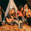 Group of friends sitting around a campfire with a teepee in the background