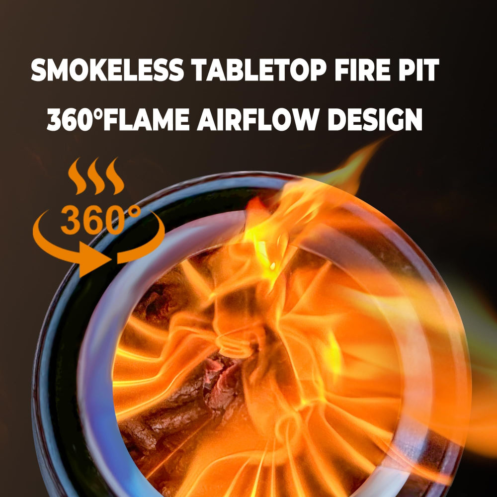 Smokeless tabletop fire pit with 360-degree flame airflow design on a dark background.