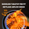 Smokeless tabletop fire pit with 360-degree flame airflow design on a dark background.