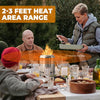 People around a table with a portable flame heater, outdoor setting.