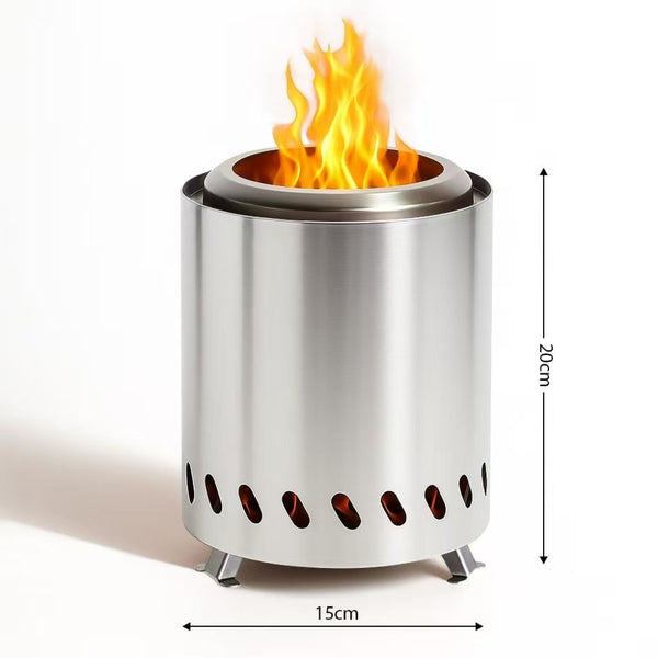 Stainless steel fire pit with flames on a white background