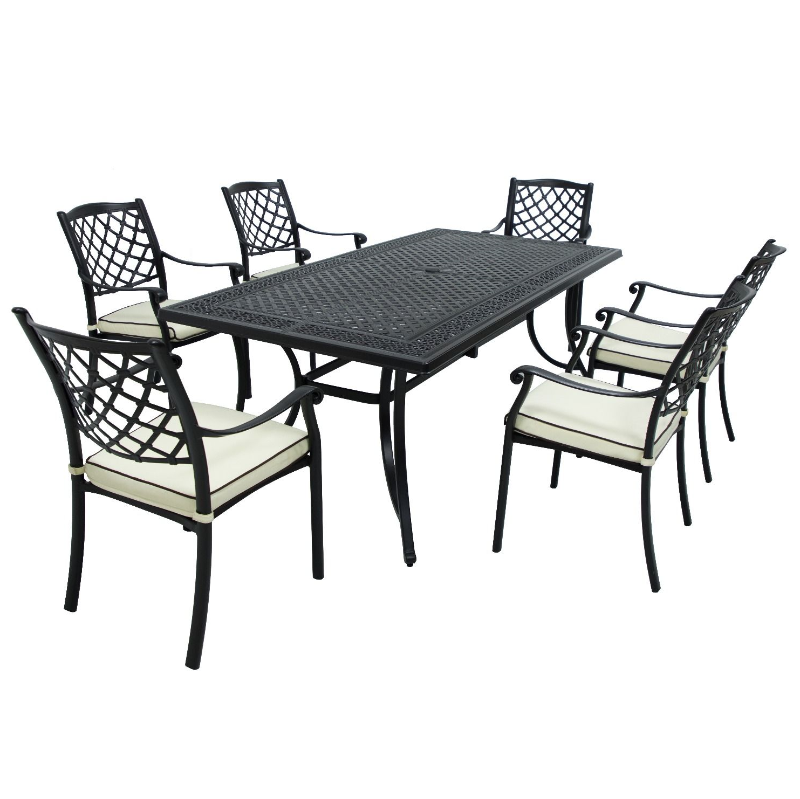 Positano Aluminium 7 piece Outdoor Setting in sand black colour with cream cushions and a white background.
