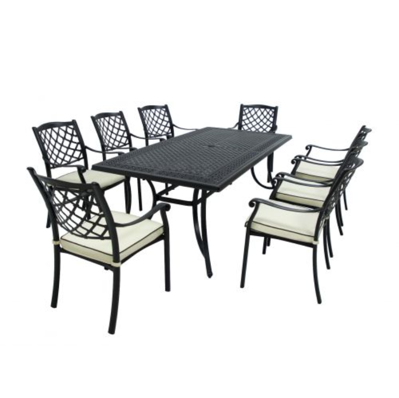 Positano Aluminium 9 piece Outdoor Setting in sand black colour with cream cushions and a white background.