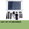 A solar panel and a submersible water pump designed for garden use. The panel is flat and rectangular, and the pump is cylindrical and black, with a long electrical cord, and with all its attachments.