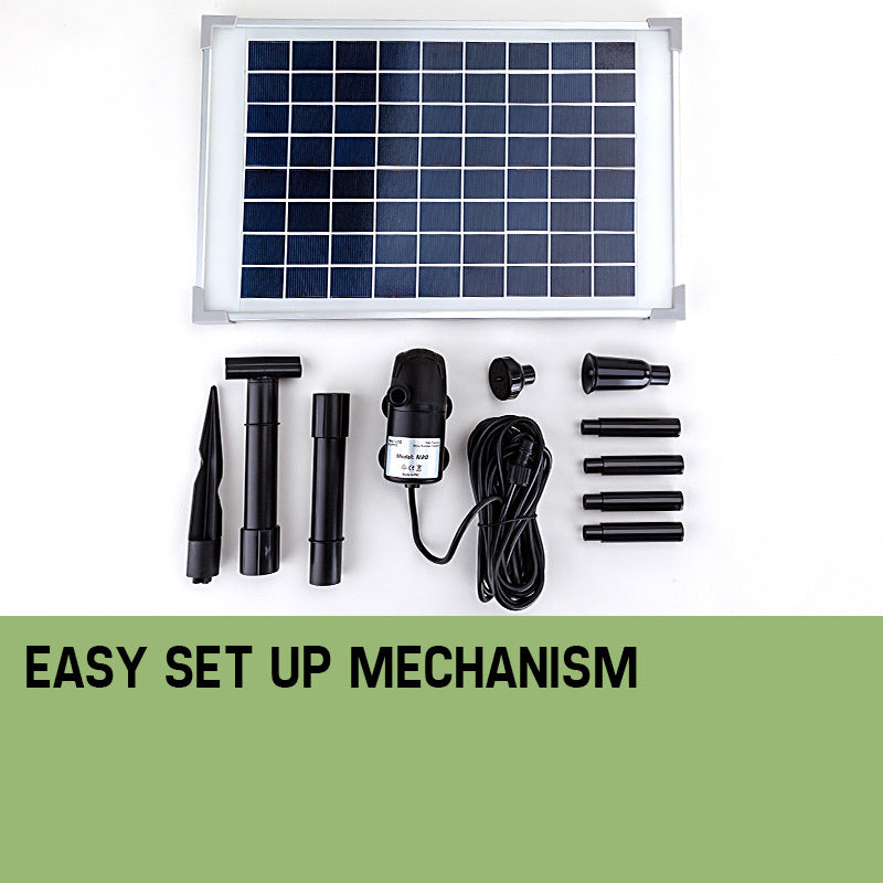 A solar panel and a submersible water pump designed for garden use. The panel is flat and rectangular, and the pump is cylindrical and black, with a long electrical cord, and with all its attachments.