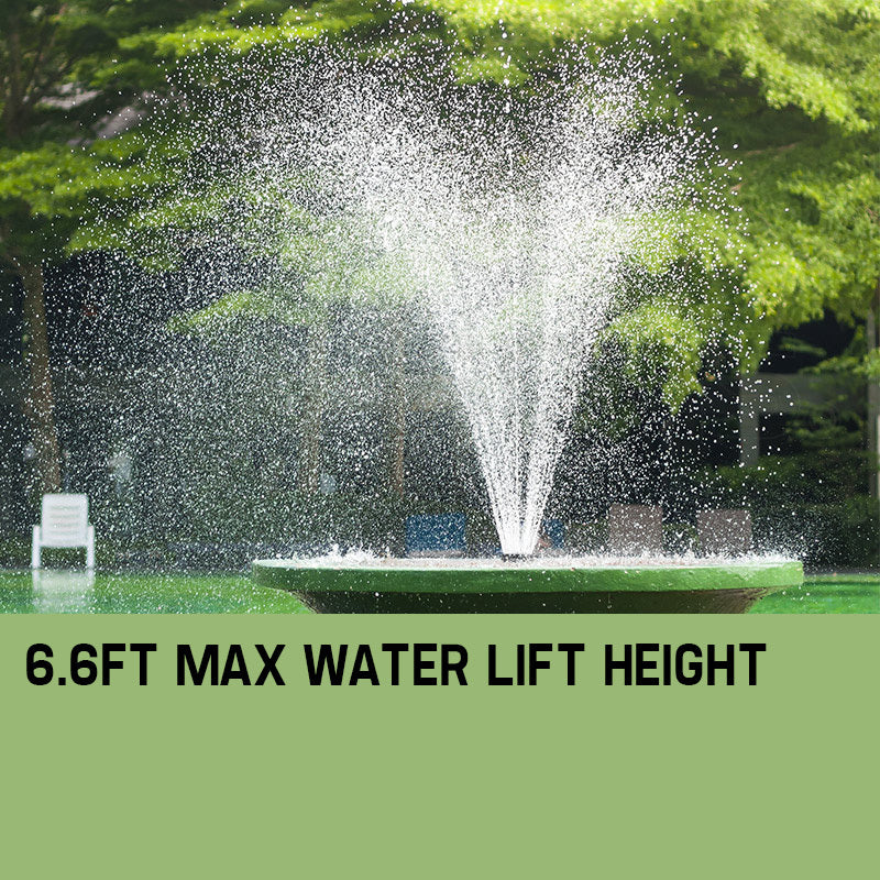 Water fountain showing water pumping and text showing 'up to 6.6 ft water lift height.' 